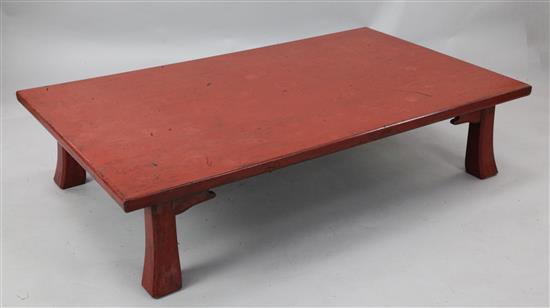A Japanese negoro lacquer low table, Zataku, late 19th century, 152 x 91 x 34.5cm